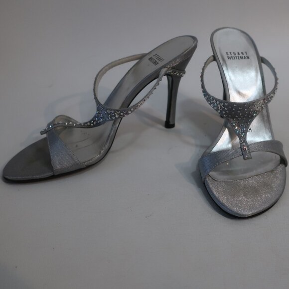 Womens Stuart Weitzman Silver Rhinestone Embellished T-Strap Sandal Heels 7.5 - Picture 1 of 11